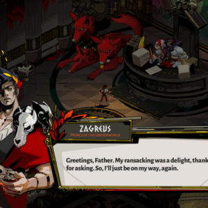 A screenshot from the game Hades where the main character is talking to his father.