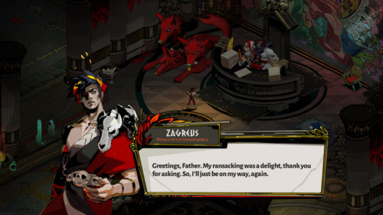 A screenshot from the game Hades where the main character is talking to his father.
