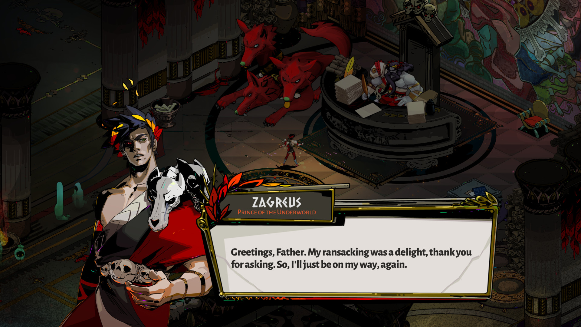 A screenshot from the game Hades where the main character is talking to his father.